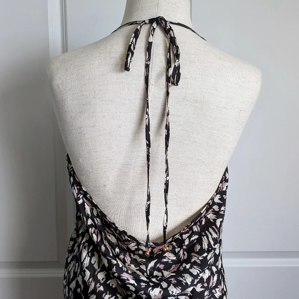 Free People Mini Dress Halter V-Neck Sleeveless Open Back Self Ties Black L NWT